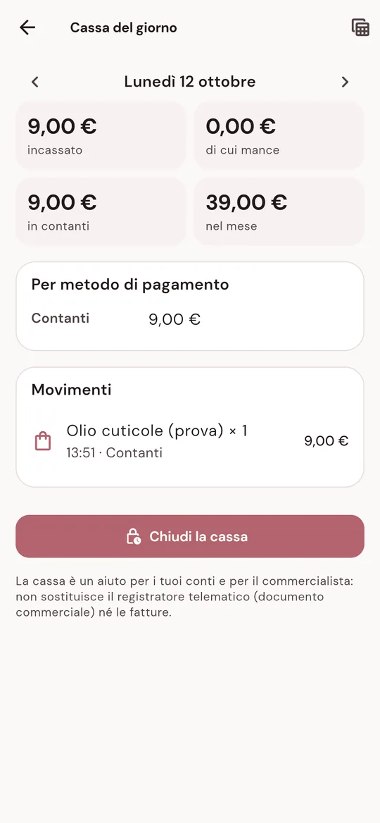 Cassa del giorno con incassi per metodo di pagamento