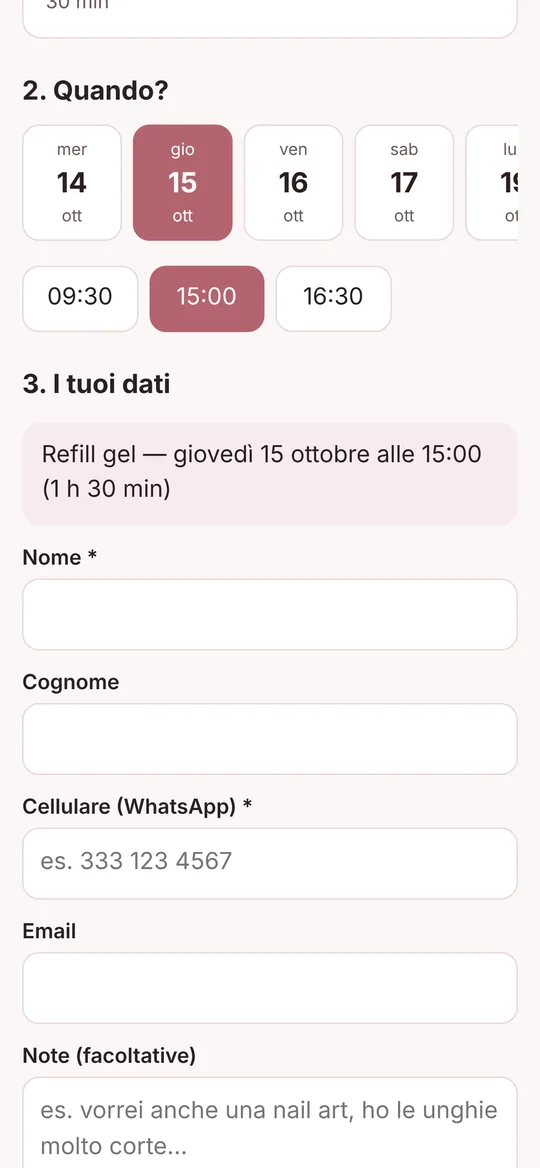 Pagina di prenotazione: scelta di giorno e orario