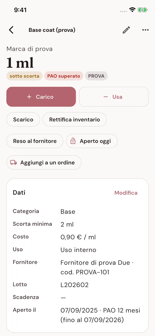 Scheda prodotto con lotto, PAO e movimenti